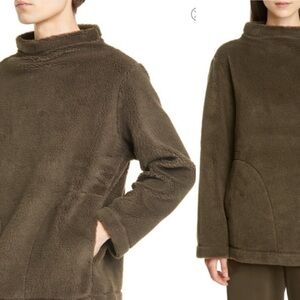 EILEEN FISHER Funnel Neck Cozy Warm Pockets Green Teddy Fleece Pullover Sweater